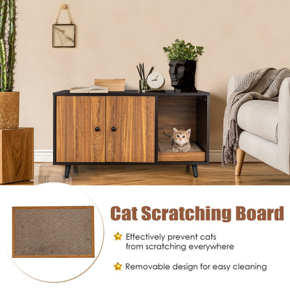 Tangkula Cat Litter Box Enclosure, Cat Washroom W/Divider, Scratching Pad, Metal Leg, Enclosed Cat Box Cabinet Pet House W/Double Doors, Litter Box Furniture Hidden for Large Cat (Walnut & Bl - WoodArtSupply