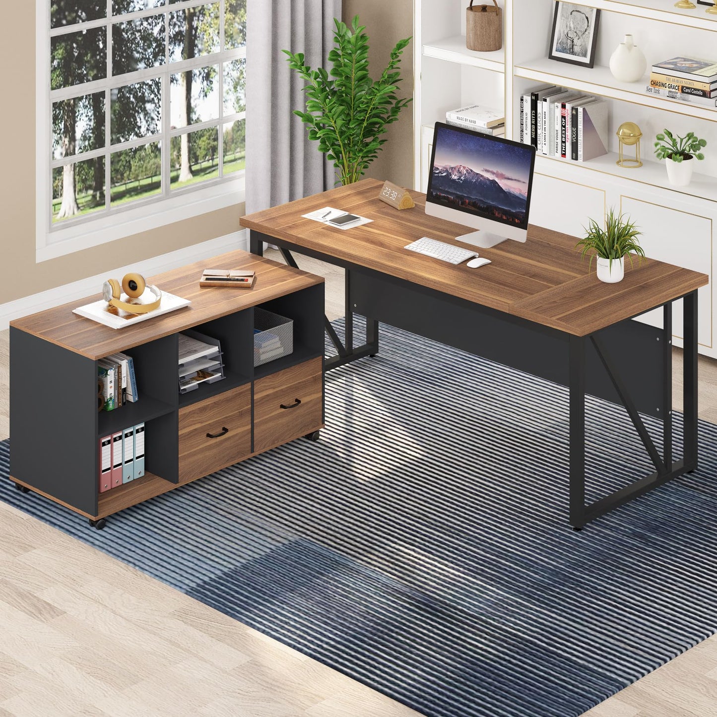 Tribesigns 63 inches Executive Desk and 47" lateral File Cabinet, L-Shaped Computer Desk Home Office Business Furniture with Drawers and Storage Shelves, Office Table,Brown and Black - WoodArtSupply