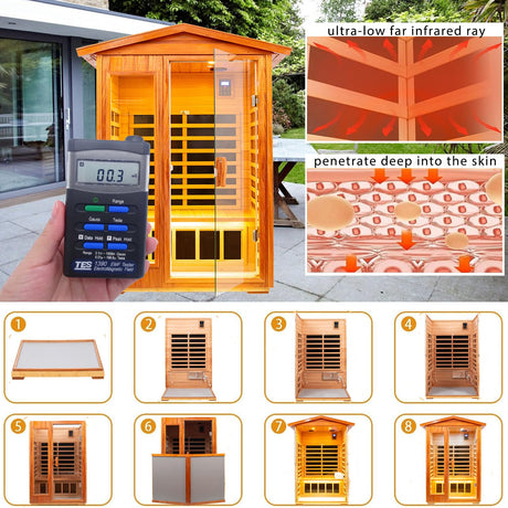 KUNSANA Outdoor Sauna 2 Person Infrared Sauna Far Infrared Saunas for Home Low EMF Home Sauna Spa Mahogany Wood Sauna Room with Bluetooth Speakers, LED Reading Lamps, Chromotherapy Lights KUNSANA