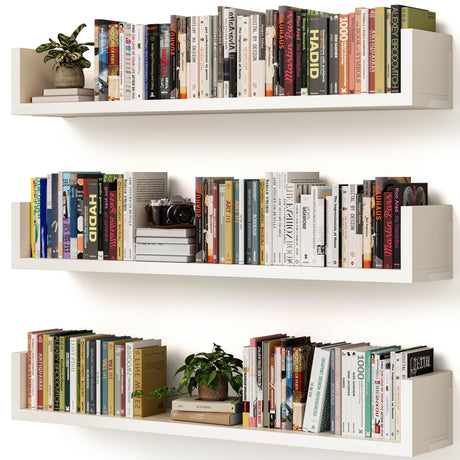 VMROF Wall Bookshelf, Set of 3, 36 Inches U Shaped Wall Shelves, Long Deep Floating Shelves, Large Floating Book Shelves - Wood Hanging Bookshelves for Kitchen, Bedroom VMROF