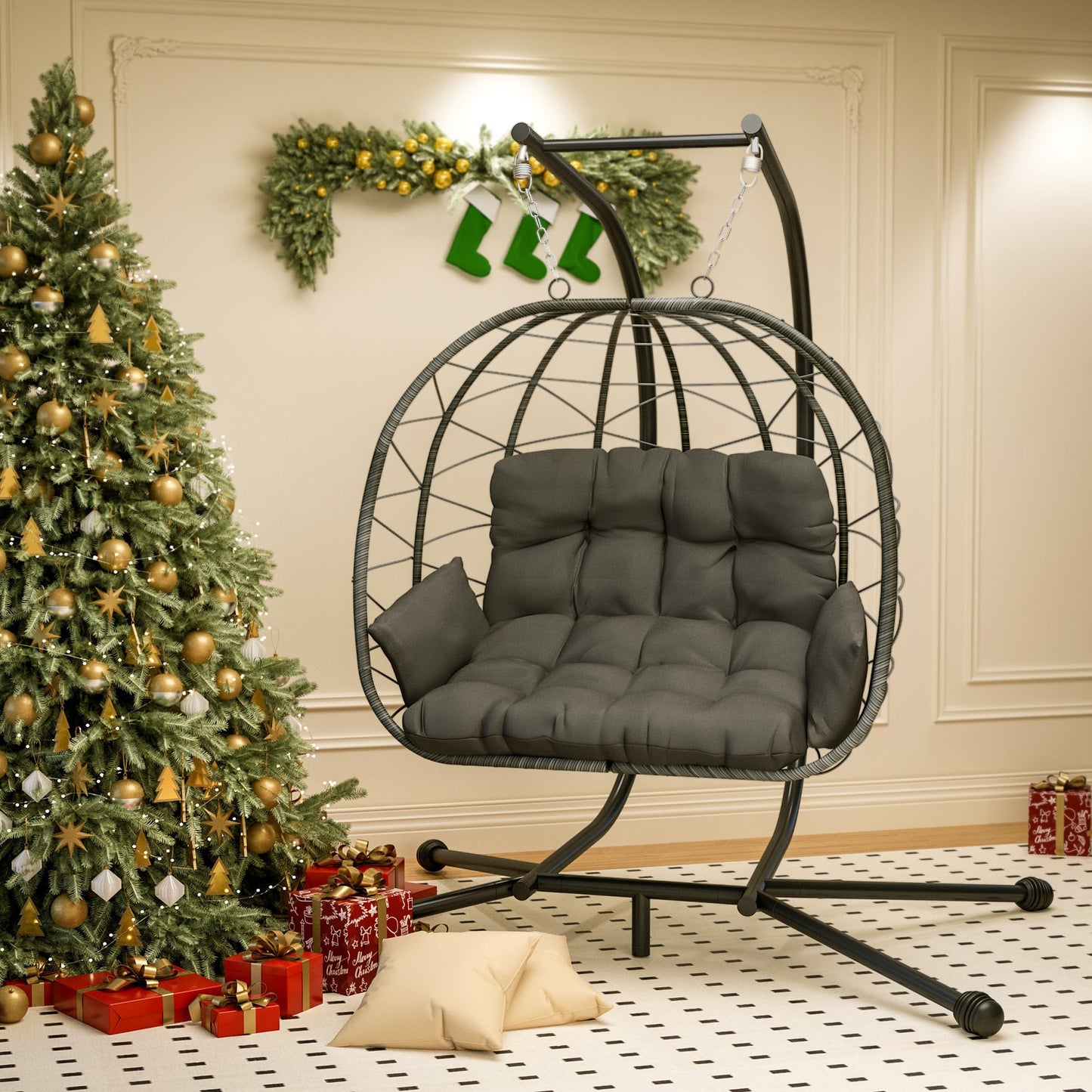 Pamapic Double Swing Egg Chair,Love Seat Proch Swing Egg Chair, 700 LBS Hanging Egg Chair with UV Resistant Wicker, Patio Furniture Waterproof Cushions Hammock Chair with Stand and Armrest, Gray