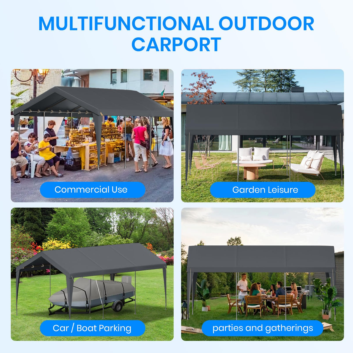 10x20 FT Heavy Duty Carport, Outdoor Portable Car Canopy Garage, Galvanized Steel Frame, UV-Resistant Waterproof PE Tarp Shelter for Vehicles, Boats, RVs, Driveway Carport, Gray RICHRYCE