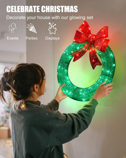 Brightown 24in Lighted Christmas Wreath Decorations, Outdoor Christmas Wreaths Holiday Decor with Bow Ribbon 60 LED Lights for Front Door Windows, Xmas Gifts, Party Supplies, Home, Patio Lawn, Garden