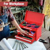 WORKPRO Mini Metal Tool Box with 2 Drawers and Top Storage, Small Tool Chest with PVC Liners and PP Feet Pads, Cold Rolled Steel Toolbox with Magnetic Tab WORKPRO