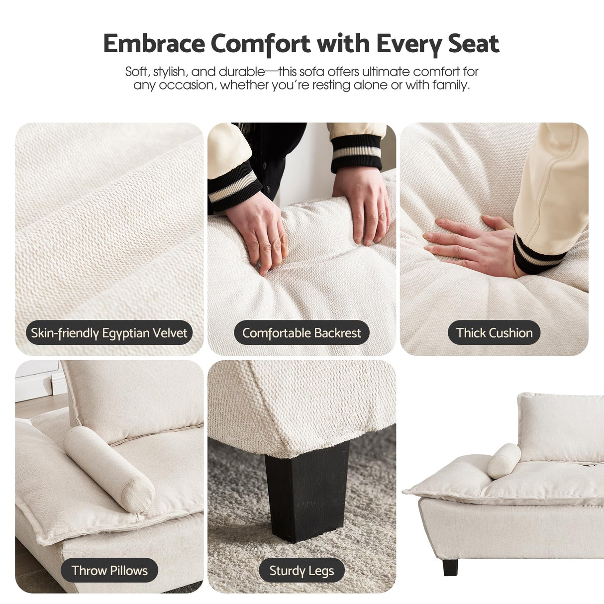 114” Modern Sailboat Loveseat Cloud Couch – Convertible Sofa Bed with Adjustable Depth, Deep Seats & Wide Armrests for Living Room, Apartment, or Small Spaces Beige smilesun