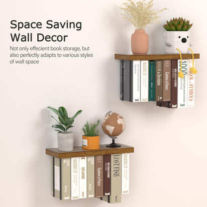 Tohiasen Floating Book Shelves for Wall Mounted Set of 2, Wood Hanging Bookshelf, Book Display Shelf for Wall, Unique Space Saving Book Shelf Wall Book Holder (Brown)