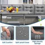 KROFEM 6-Piece Outdoor Patio Furniture Set - Sectional Sofa, Dining Table & Chairs Included, All-Weather Dining Set with Ottoman, Grey Wicker and Grey Cushions KROFEM