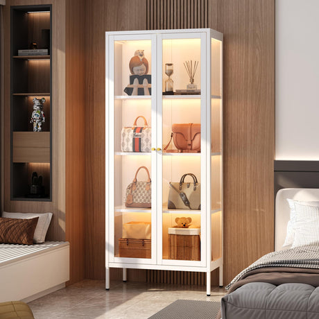 SteeLoong 66"Glass Display Cabinet with 3 Color LED Lights,Metal Curio Cabinet with Glass Doors,4-Tier Display Case for Collectibles,Book,Plant,White Storage Cabinets For Living Room-Assemble Required SteeLoong