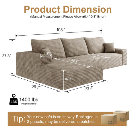 AUGOP 108" Sectional Couches for Living Room Modern Modular Sofa with L-Shape Couchs Upholstered Boneless Couch Deep Seat Sectional Couch with Chaise (Camel, Left Facing Chaise+2Seaters) AUGOP
