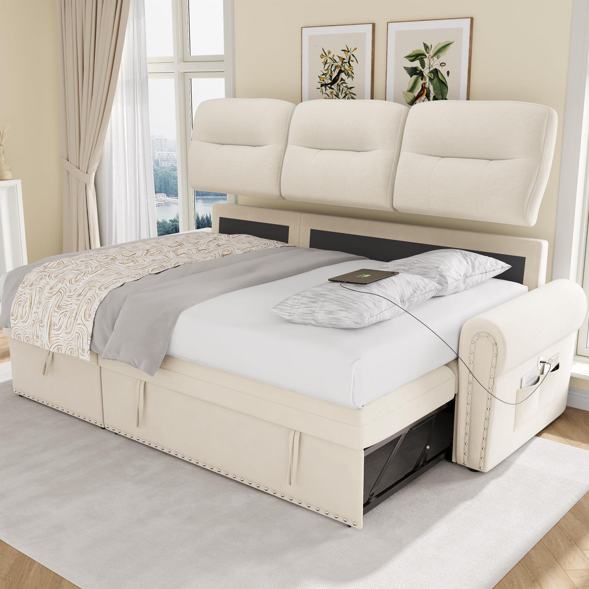 Sleeper Sofa Bed, 87'' Sectional Couch with Reversible Storage Chaise & Nailhead Armrest, Pull Out Couches for Living Room, Side Pocket & Charging Station, Removable Backrest, Velvet Fabric, Beige Keyluv