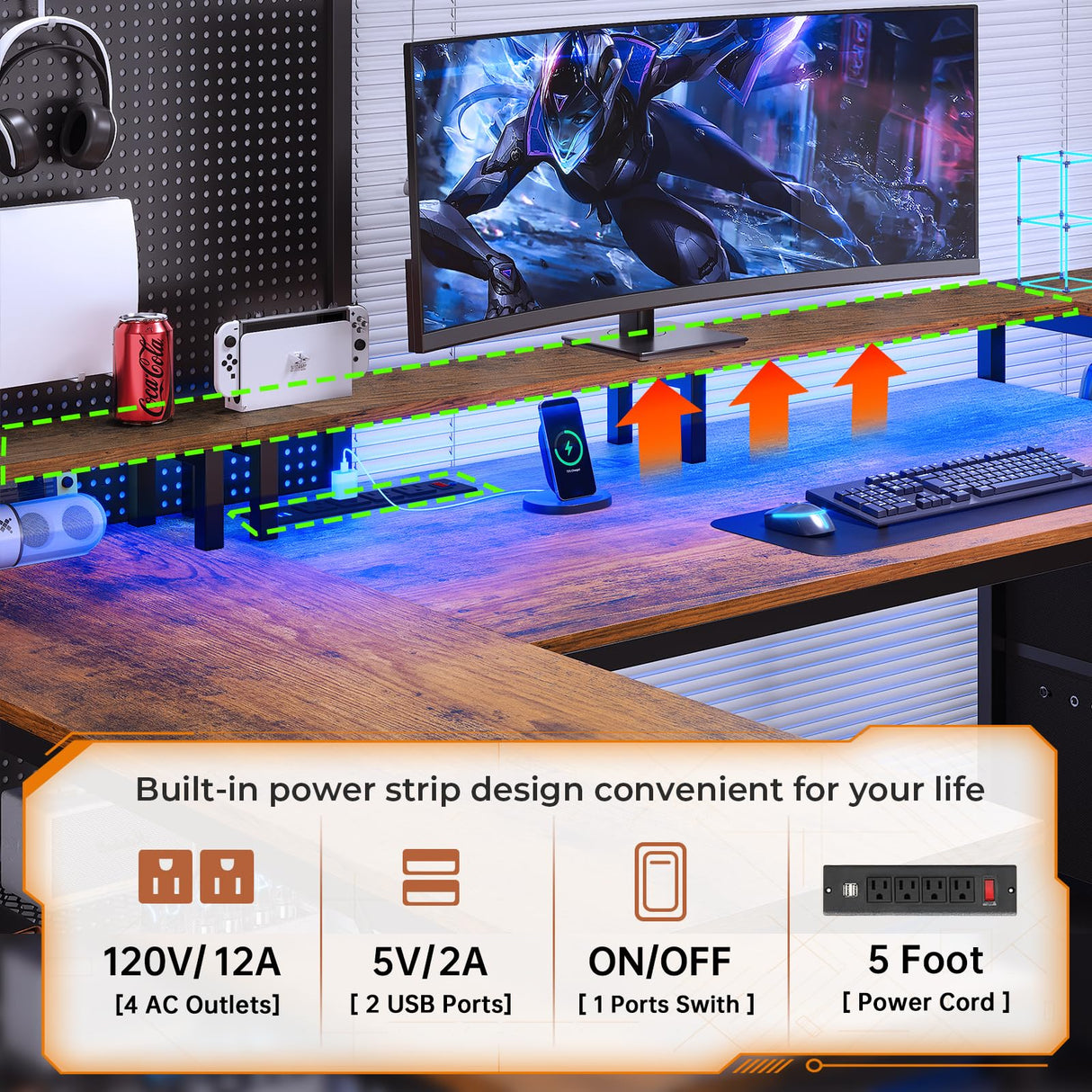 SEDETA 67" L Shaped Desk with Drawers, Computer Office Desk with Storage Shelves & Power Outlet, Reversible Gaming Desk with LED Lights for Home Office, Rustic Brown SEDETA