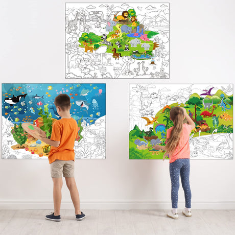 Funrous Set of 3 Jumbo Giant Coloring Poster 45 x 32 Inch Large Table Wall Size Coloring Sheets with Zoo Animal, Ocean Creature, Dinosaur Theme Fun Party Activity Classroom Wall Decor Kids Adults Gift Funrous