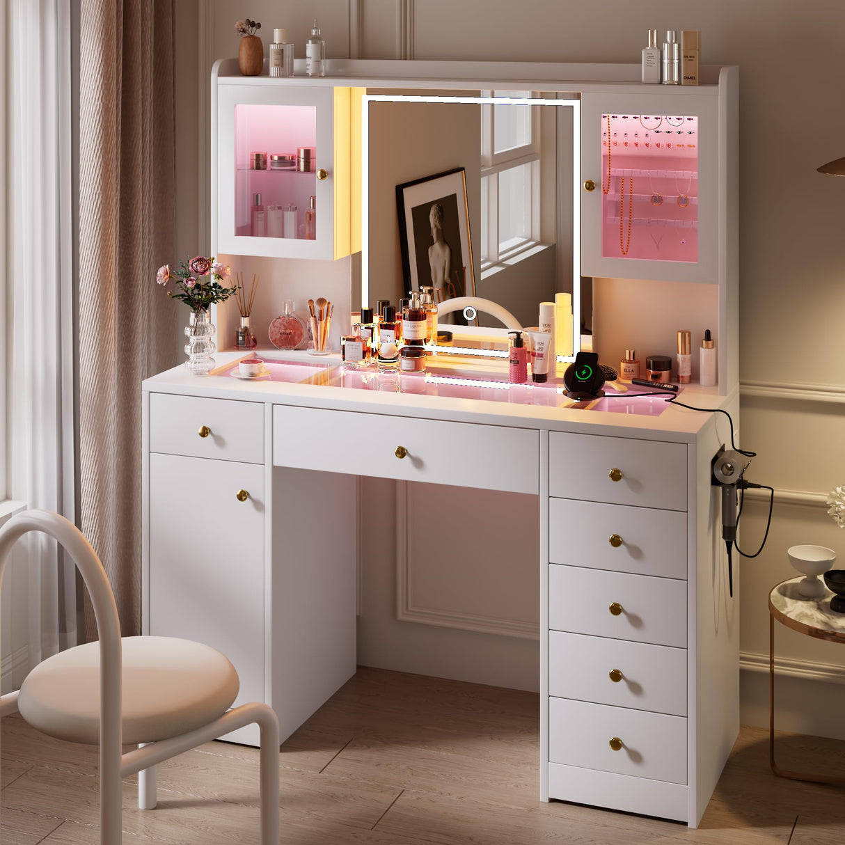 iPormis Vanity Desk with Mirror and Lights, Glass Top Makeup Vanity wi –  WoodArtSupply