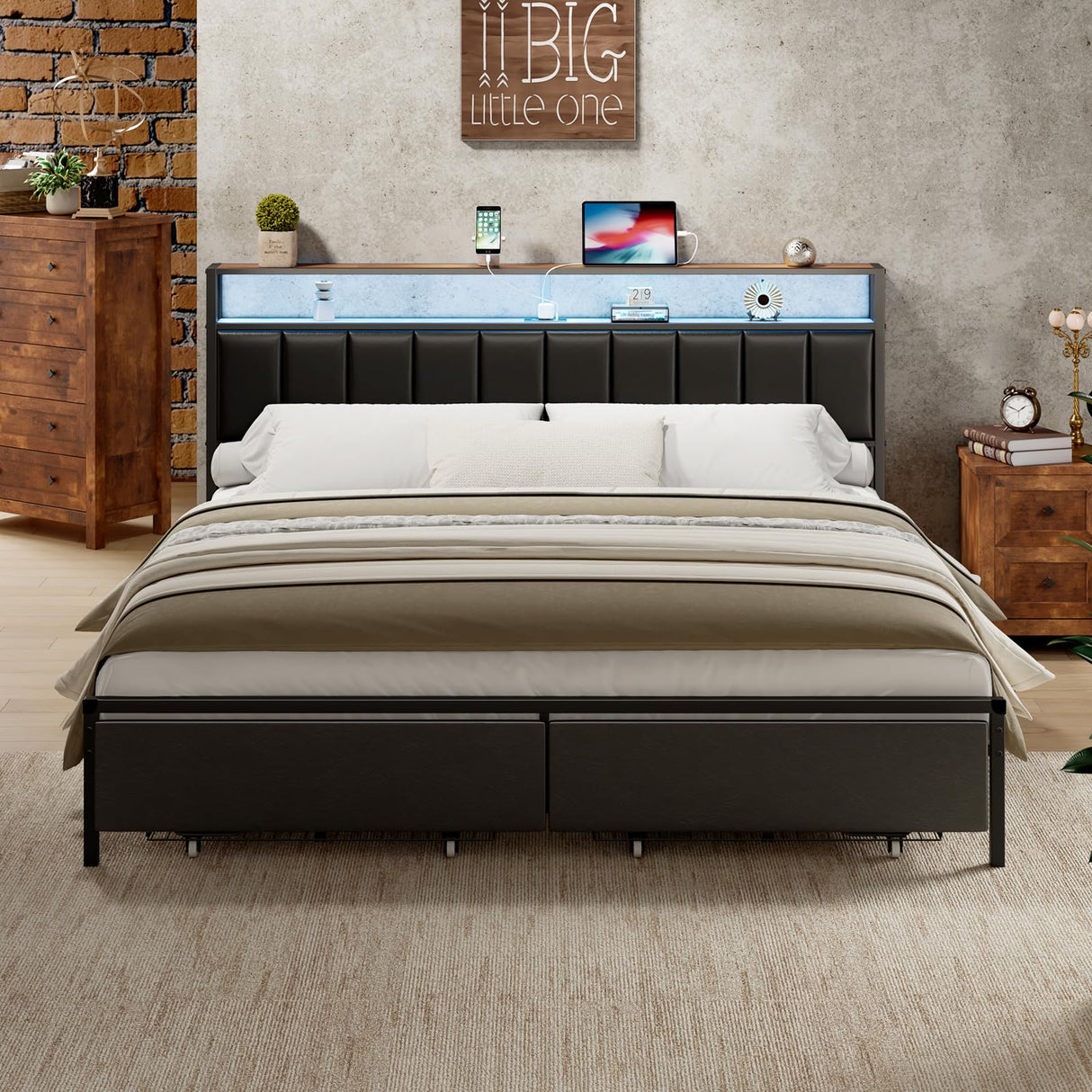 LUXOAK King Bed Frame with RGB LED Lights, 2 Drawers, and Charging Station in Black LUXOAK