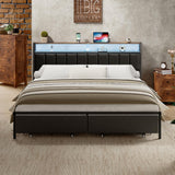 LUXOAK King Bed Frame with RGB LED Lights, 2 Drawers, and Charging Station in Black LUXOAK