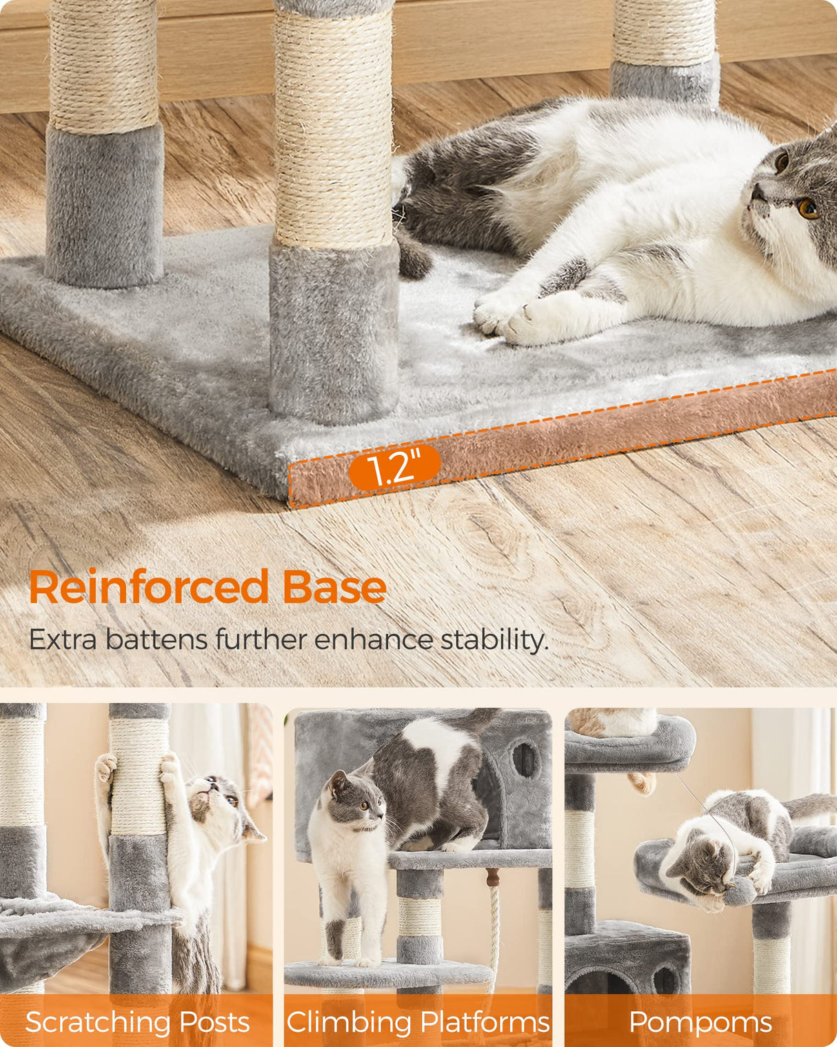 FEANDREA Cat Tree, Cat Tower for Indoor Cats, 56.3-Inch Cat Condo with Scratching Posts, Hammock, Plush Perch, Light Gray UPCT15W Feandrea