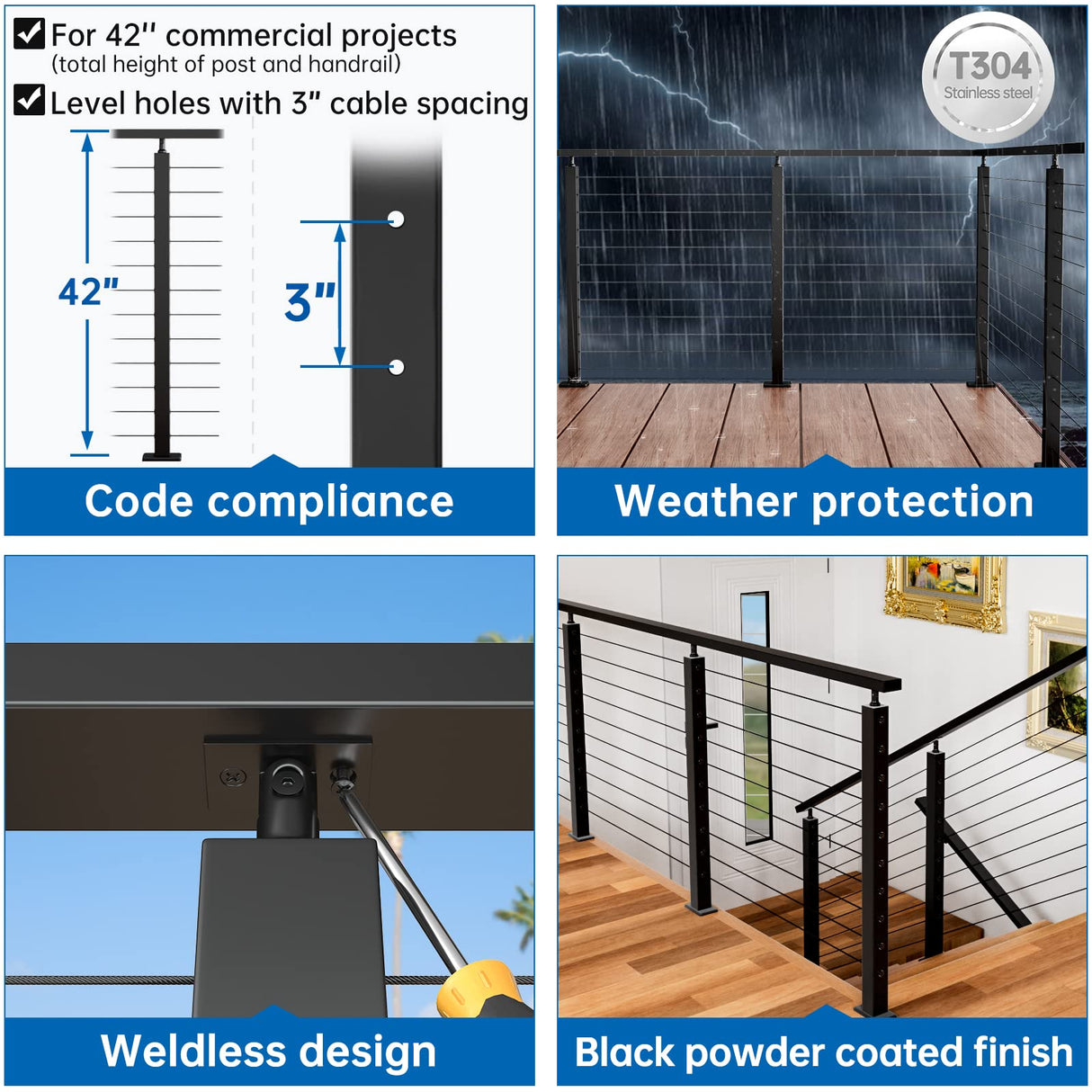Muzata 4Pack Black Cable Railing Post 42 Inch 42"x2"x2" Level Drilled Surface Mount T304 Stainless Steel Cable Railing System Kit Indoor Outdoor with Paper User Guide PS01 BH4L Muzata