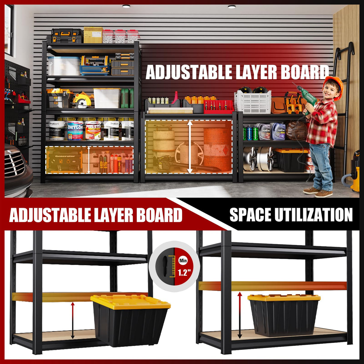 72''H/45''W Garage Shelving Heavy Duty 5-Tier Adjustable Storage Shelves Unit,2500 LBS Metal Utility Rack Shelf for Industries, Warehouses, Basement,Black LBVSKK