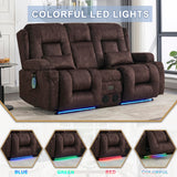 URRED Power Reclining Loveseat Sofa with Console, RV Couch Loveseat Recliner Sofa with Massage & Heat, LED Light, Cupholders, Bluetooth Speakers, USB Charge Ports, Outlets, Velvet, Brown URRED