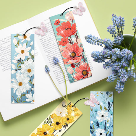 4pcs Flower Diamond Art Bookmarks Kit Floral Diamond Bookmarks for Adults 5D DIY Diamond Art Kit for Spring Reading Lover Book Lover Students DIY Gem Crafts Gift Cumule