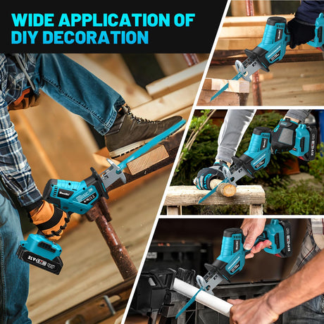 Seesii Reciprocating Saw Cordless, 3500 RPM Brushless Motor with 2 x 4.0Ah Batteries, LED Light, 8 Saw Blades Portable for Wood PVC Cutting (Blue) Seesii