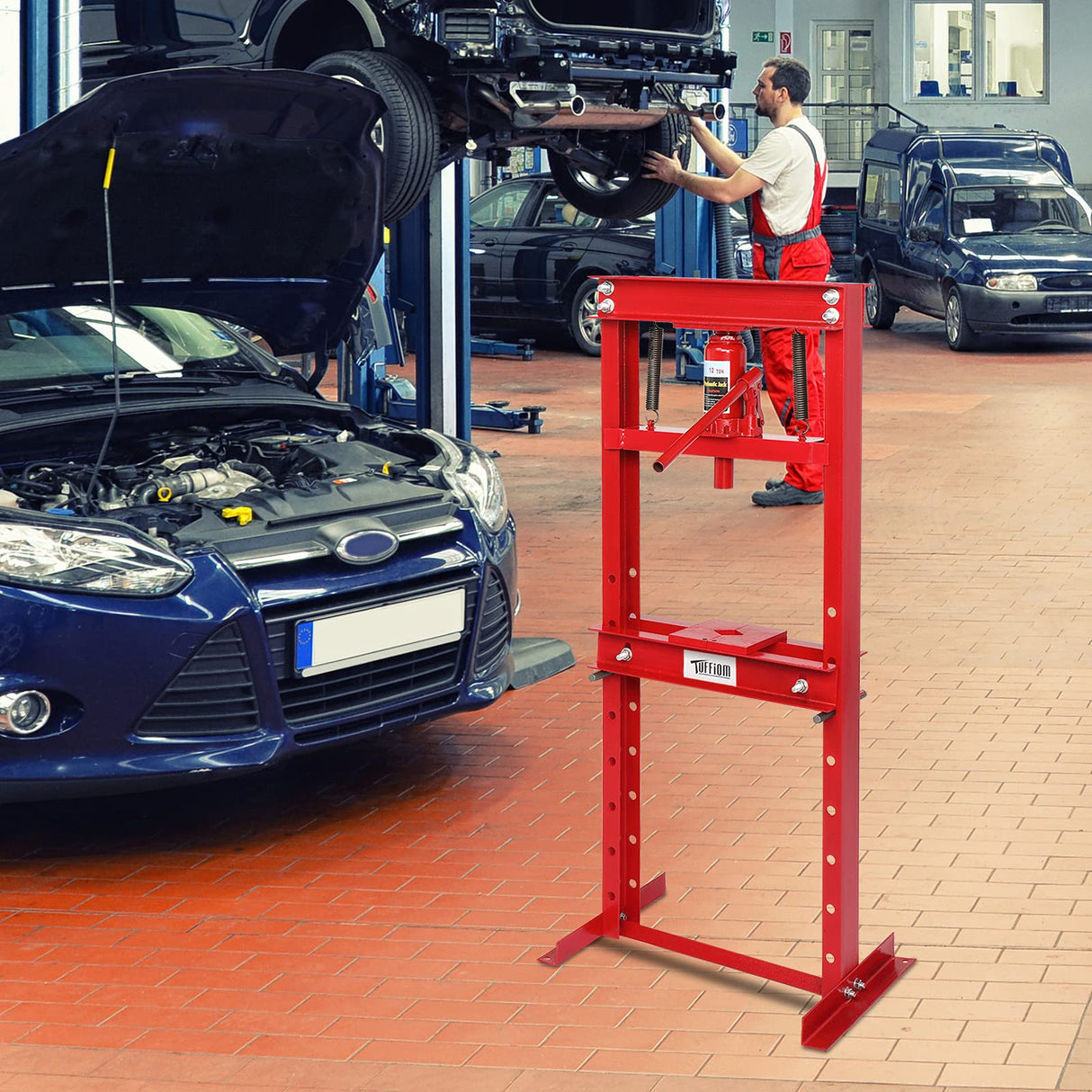 TUFFIOM 12-Ton Hydraulic Shop Press with Press Plates, H-Frame Garage Floor Press, Adjustable Working Table Height, 24.8”L x 15.35”W x 51.4”H TUFFIOM