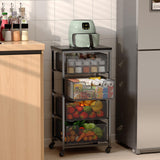 4-Tier Fruit Vegetable Storage Cart - Kitchen Organizer and Storage Cart with Wheels, Wooden Top Metal Wire Fruit Vegetable Rack Stand with Drawers to Storage Onions Potatoes Cans Snacks for Kitchen Yociyoga