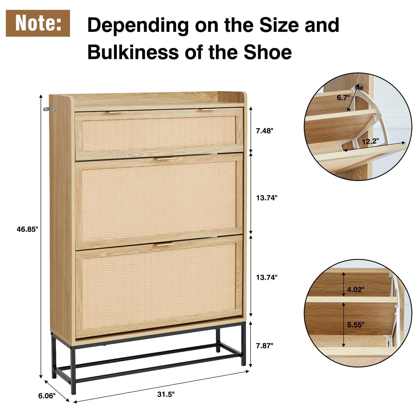 affeivul Hidden Shoe Cabinet for Entryway Slim, Free Standing Narrow Shoe Rack Cabinet Rattan Carving, 2 Flip Drawer Shoe Storage Organizer Cabinet for Closet,Door,Dorm,Garage,Small Spaces - Natural