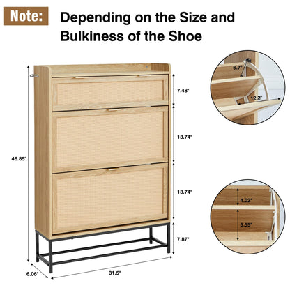 affeivul Hidden Shoe Cabinet for Entryway Slim, Free Standing Narrow Shoe Rack Cabinet Rattan Carving, 2 Flip Drawer Shoe Storage Organizer Cabinet for Closet,Door,Dorm,Garage,Small Spaces - Natural