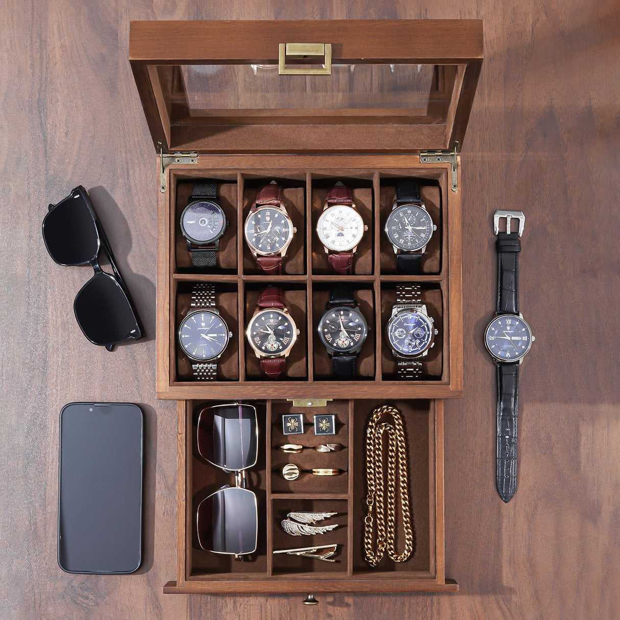 ProCase Wooden Watch Case for Men, 8 Slot Mens Watch Box With Drawer, 2-Layer Watch Display Case, 8 Watch Holder Organizer, Jewelry and Watch Storage Organizer for Men Women -8 Slot, Brown ProCase