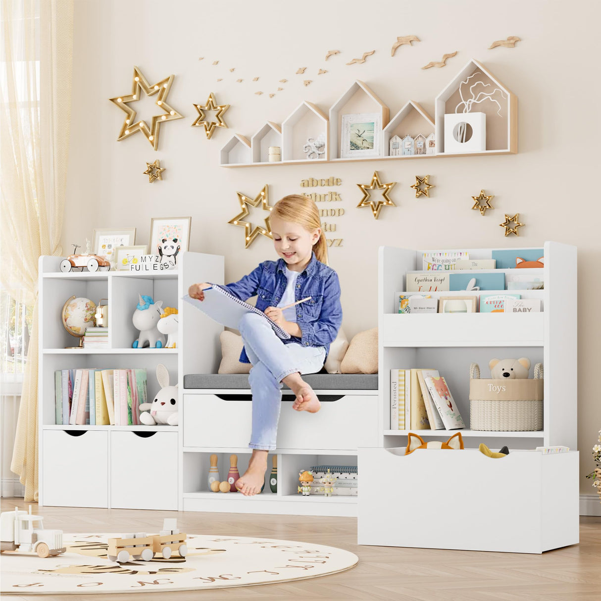 FOTOSOK 72” Kids Bookshelf with Reading Nook, Large Toy Storage Organizer with Seat Cushion and 3 Movable Drawers, Kids Reading Nook Toy Organizers and Storage with Bench for Living Room, White FOTOSOK