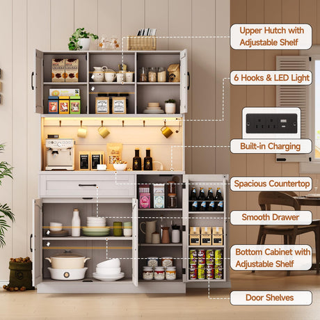 ONBRILL 71" Pantry Cabinet, Kitchen Pantry Storage Cabinet with LED Light & Outlet, Kitchen Hutch with Microwave Shelf & 6 Hooks, Door Shelves & Drawer & Adjustable Shelves, for Kitchen, Dining Room ONBRILL