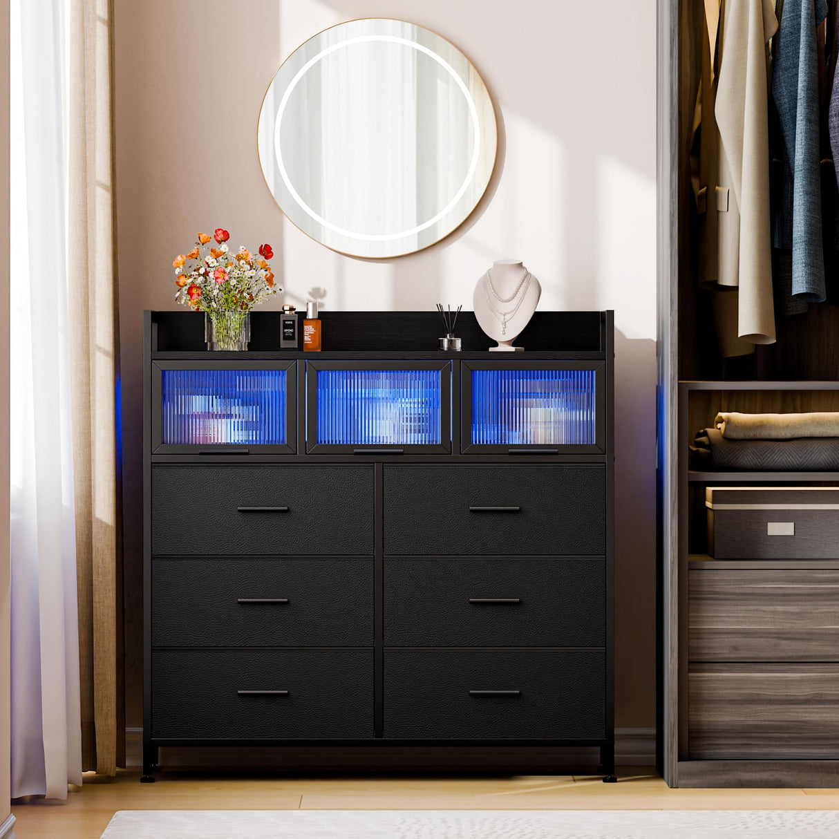 Lulive 9-Drawer Dresser & Chest of Drawers with LED Lights, Power Outlets & Acrylic Window - Modern Storage Organizer for Bedroom, Living Room, Closet (Black) Lulive
