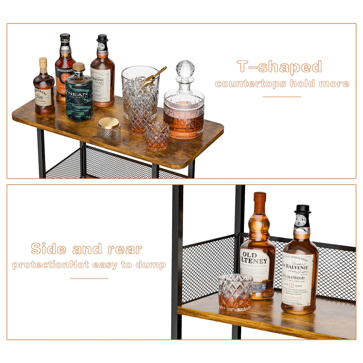 Eyteenokk Floor Standing Freestanding Whiskey Rack: 3 Tier Wine Rack Mini Bar Table Corner Wine Bottle Display Stand Liquor Cabinet Bar, for Bottles,Cocktail Shaker,Mugs Eyteenokk