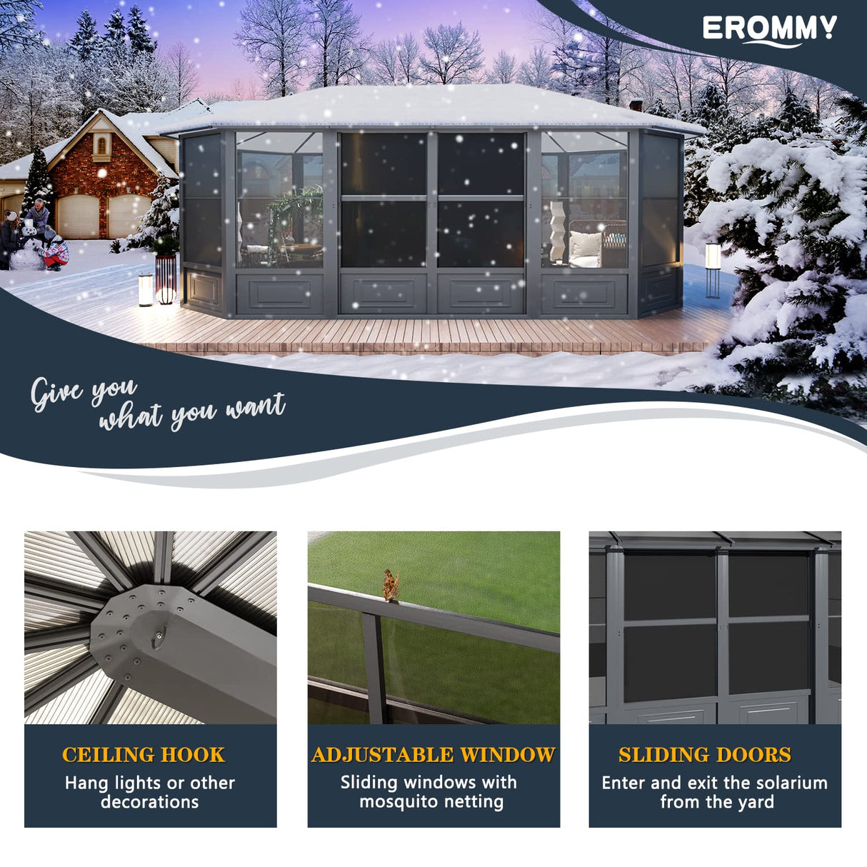 EROMMY 12' x 18' Sunroom, Solarium Gazebo with Aluminum Frame and Polycarbonate Roof, Outdoor Permanent Sun Room with Moveable PVC Screen and Sliding Door for Garden, Patio, Deck, Lawns EROMMY