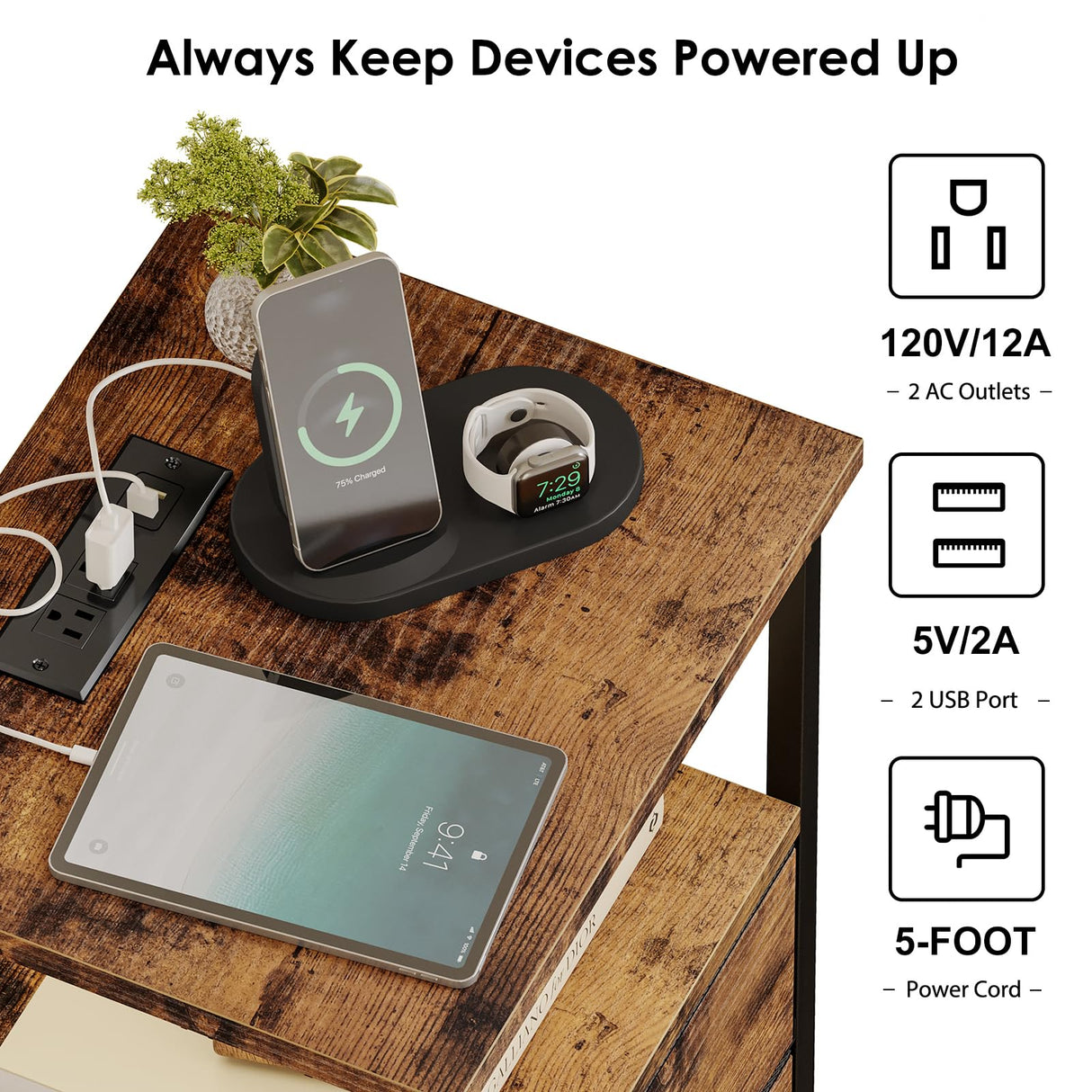 Fixwal Night Stand with Charging Station, Nightstand with Fabric Drawers, Bedside Table with Storage for Bedroom, Rustic Brown Fixwal