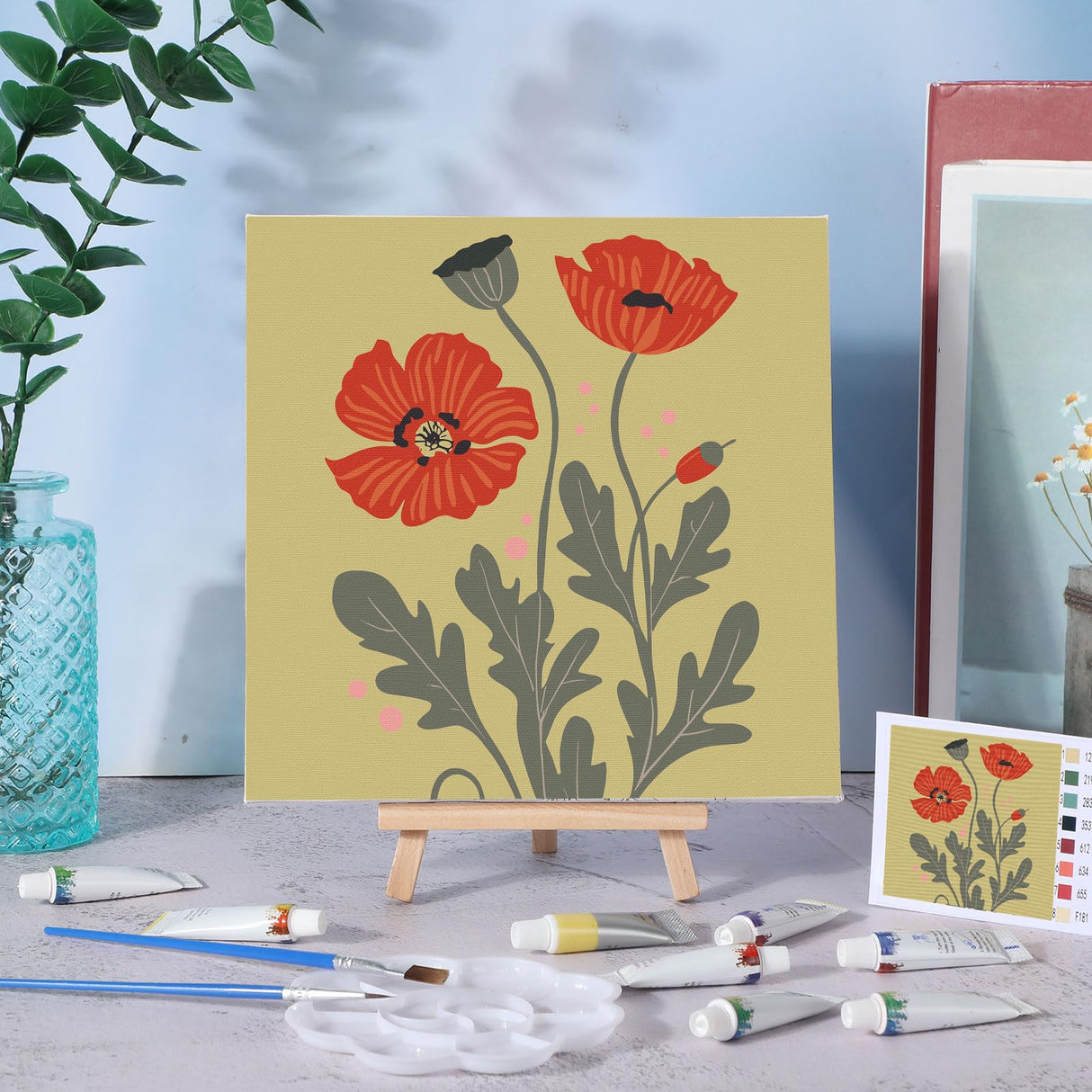 MotiMind 12 Sets Framed Paint by Number Kit for Adults with 12 Wooden Easels, 12 Disposable Apron, 12 Pigment 12 Brush, 12 Palette, DIY Acrylic Paint by Number Kits for Party(Flower) MotiMind