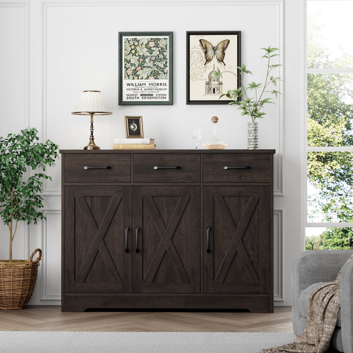 HOSTACK Modern Farmhouse Buffet Sideboard Cabinet, Barn Doors Storage Cabinet with Drawers and Shelves, Wood Coffee Bar Cabinet with Storage for Dining Room, Kitchen, Living Room, Dark Brown HOSTACK