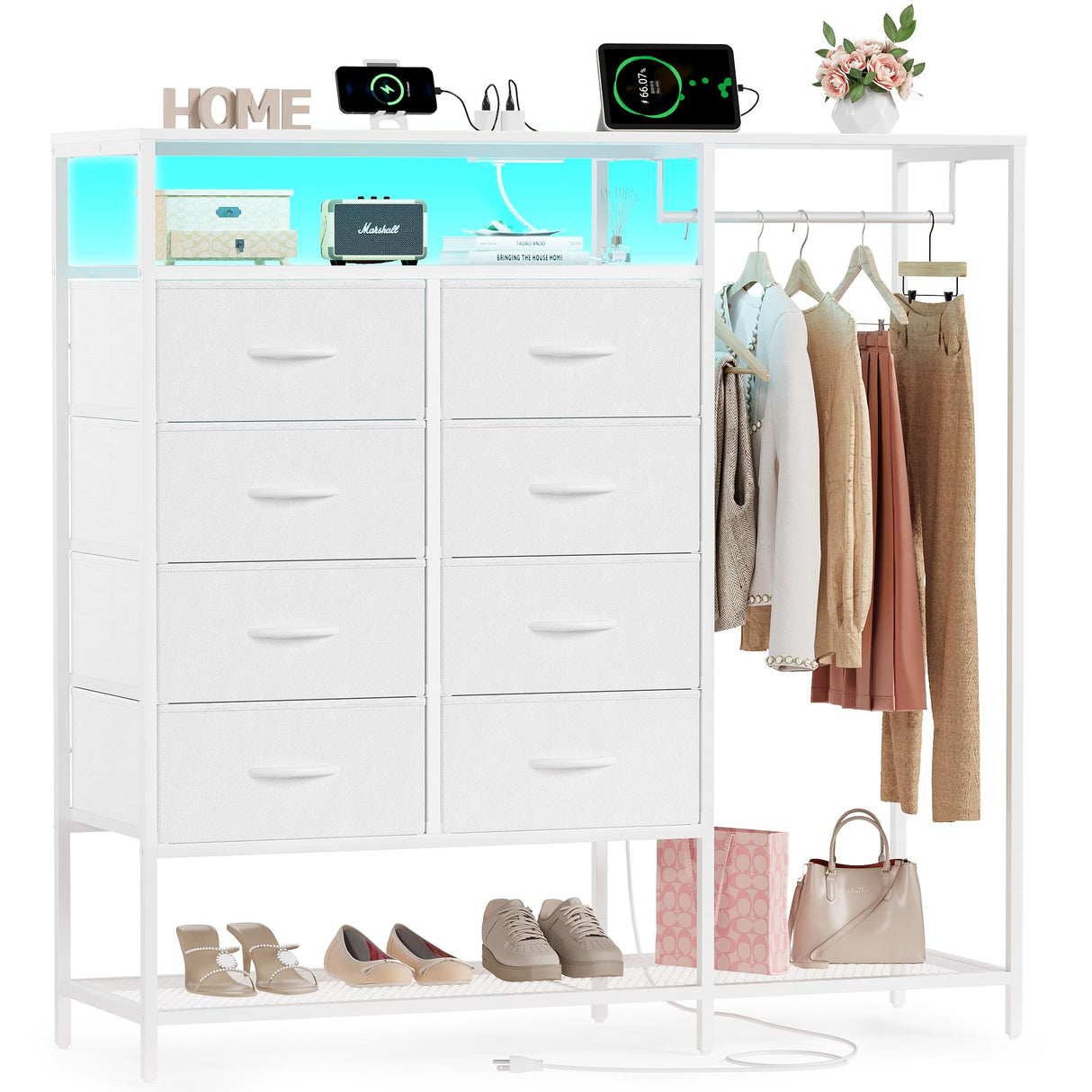 White Dresser for Bedroom with 8 Drawers, Bedroom Dresser with Hanging Rack, Clothes Dresser with Led Lights, Closet Dresser with Charging Station, 47 Inch Dresser with Shelves for Bedroom, Closet Harpaq
