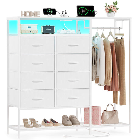 White Dresser for Bedroom with 8 Drawers, Bedroom Dresser with Hanging Rack, Clothes Dresser with Led Lights, Closet Dresser with Charging Station, 47 Inch Dresser with Shelves for Bedroom, Closet Harpaq