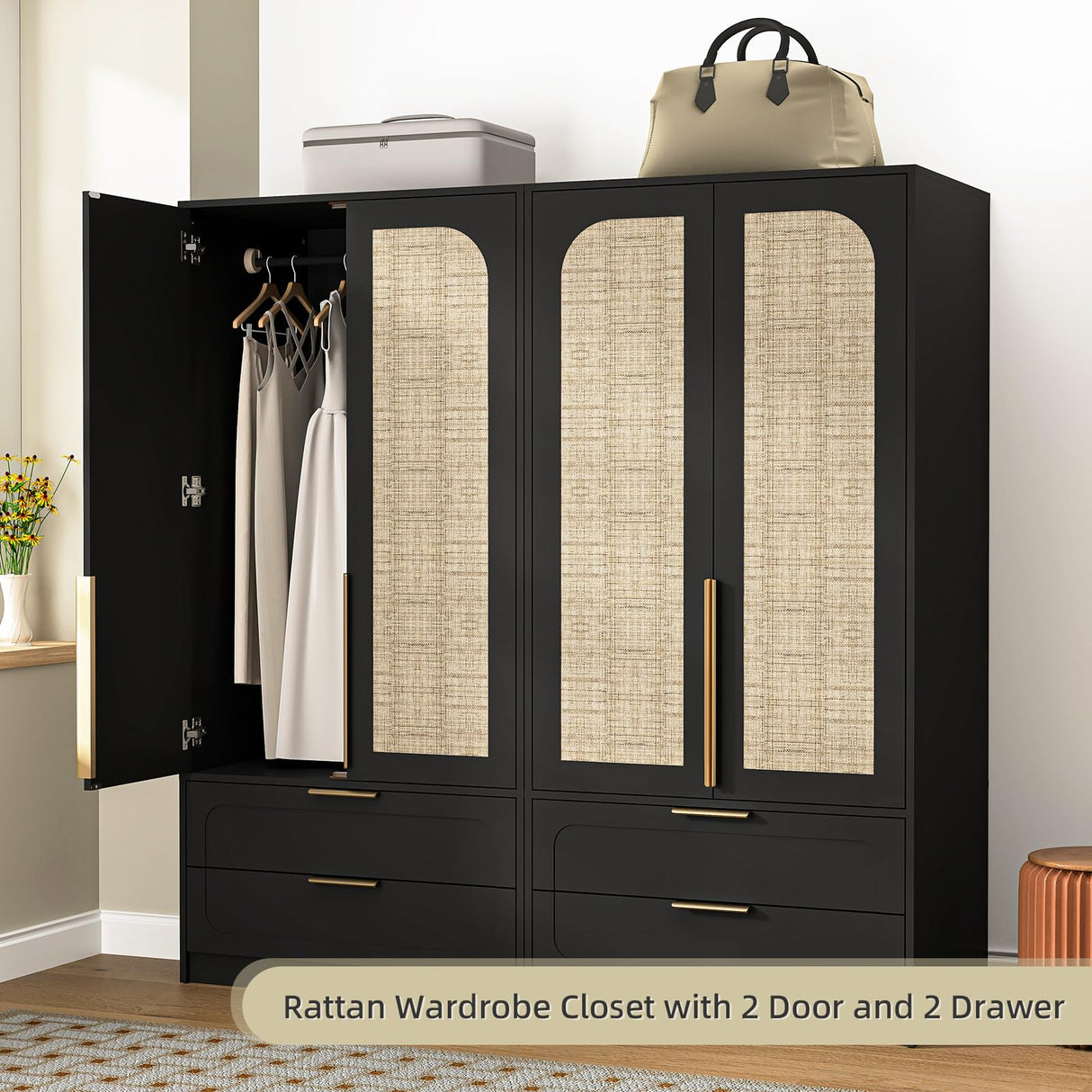 UZUGUL Armoire Wardrobe Closet with Door and 2 Drawer, Black Bedroom Armoire Cabinet with Hanging Rod,Wooden Wardrobe Storage Cabinet Closet with Large Storage for Bedroom (Black) UZUGUL