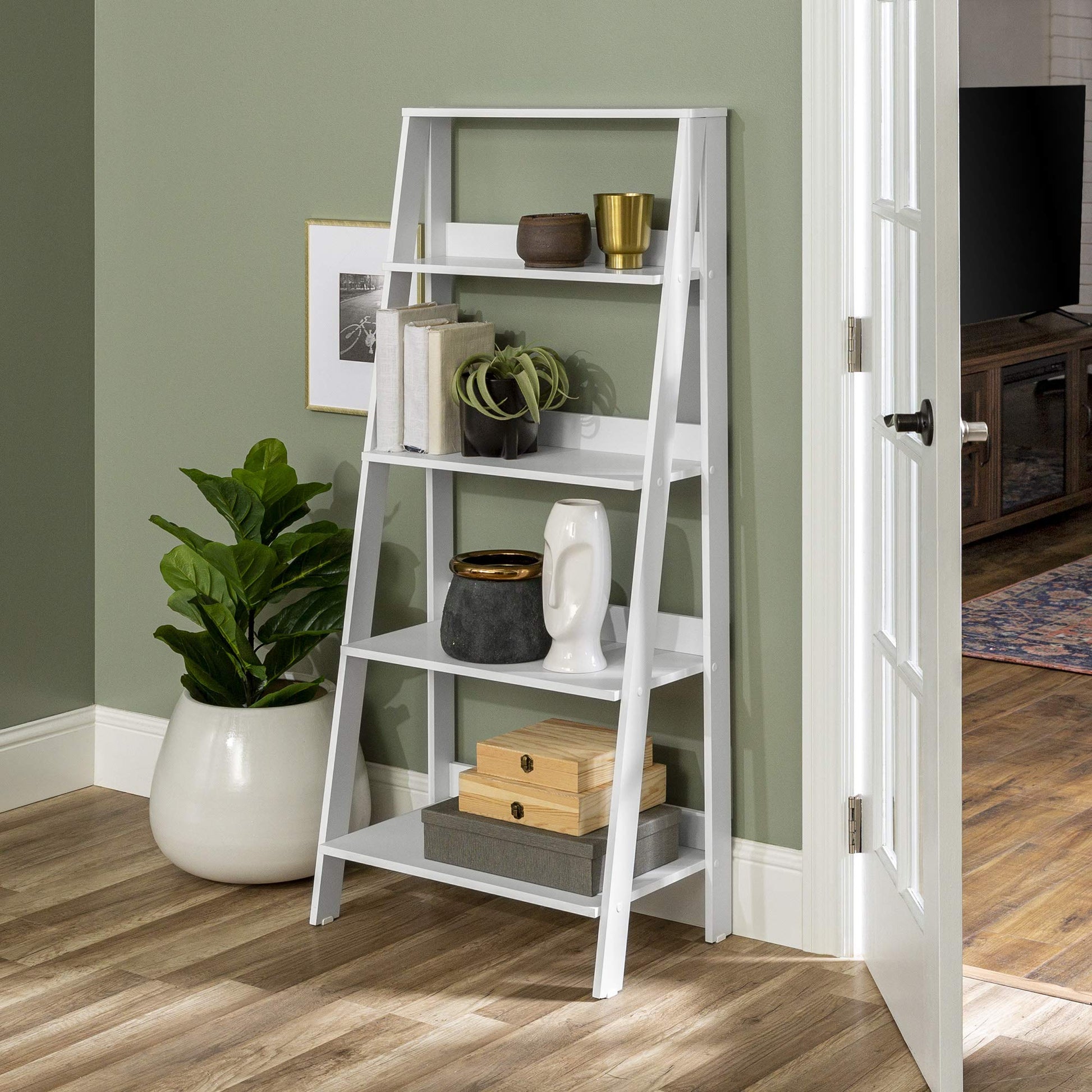 Sophisticated White 4-Shelf Ladder Bookcase by Walker Edison - WoodArtSupply