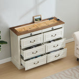 Tltaroni Farmhouse 8 Drawer Dressers, Wooden Chest of Drawers with Glass Top LED Light Charging Station Human Sensor Storage Organizer for Living Room Bedroom and Hallway, Antique White Tltaroni