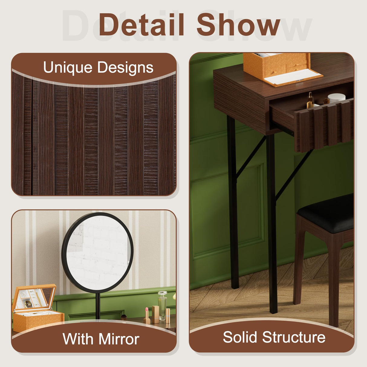 UEV Wood Vanity Desk with Mirror,Makeup Vanity Set with Drawer Chest,Vanity Dressing Table Makeup Desk Set with Storage Space for Bedroom(Brown) UEV