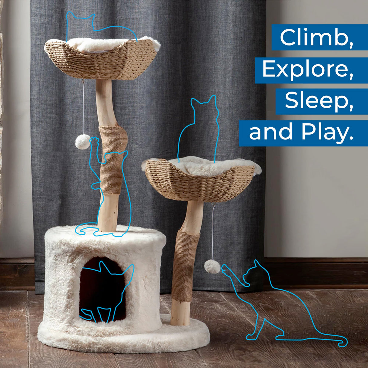 Habitat Haven The Bungalow Cat Tree - Luxury Cat Condo, Large Modern Indoor Tower with 2 Faux Fur Beds, Scratching Posts, Toys, and Den for Cats, 23.5-Inch Width x 18-Inch Depth x 43-Inch Height Habitat Haven
