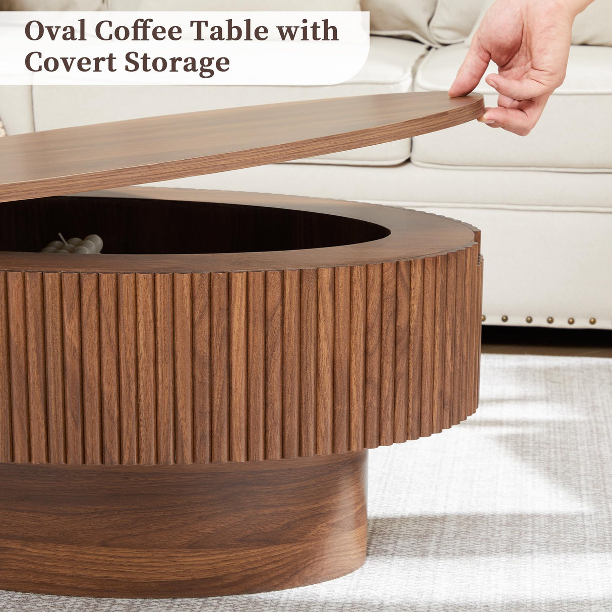 Janmer Home Oval Coffee Table with Hidden Storage, 31.5 Inch Wide Modern Coffee Table, Center Table with Fluted Veneered, Accent Tea Table for Small Space Living Room Apartment (Walnut) Janmer Home