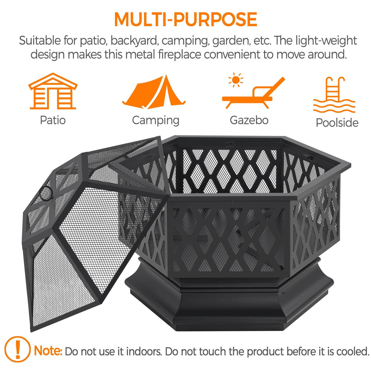 Yaheetech 26in Fire Pits for Outside Hex Shaped Fire Pit Wood Fire Pit Outdoor Fireplace for Bonfire Patio Picnic BBQ, with Spark Cover, Fire Poker Yaheetech