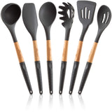 Cookward Silicone Cooking Utensils Set (6 pcs) Natural Wood Kitchen Utensils – Eco Friendly & BPA Free, Non-Scratch & Non-Stick Easy Grip -Black cookward