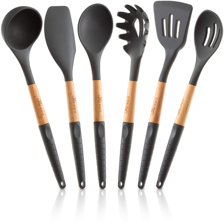 Cookward Silicone Cooking Utensils Set (6 pcs) Natural Wood Kitchen Utensils – Eco Friendly & BPA Free, Non-Scratch & Non-Stick Easy Grip -Black cookward