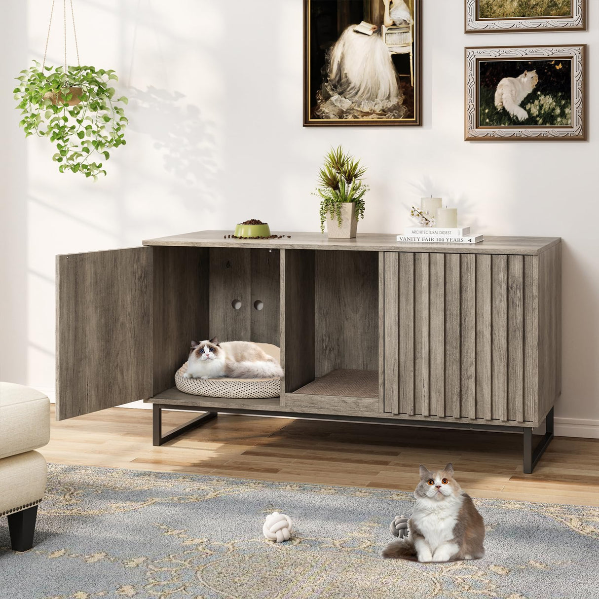 Cat Litter Box Enclosure for 2 Cats, 47.6’’ Litter Box Furniture Hidden with Scratch Pad, Double Room Large Cat Cabinet, Indoor Pet House TV Stand Side Table,Washroom,Grey Halitaa